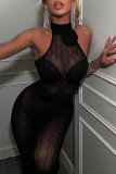 Black Sexy Solid See-through O Neck Sleeveless Two Pieces