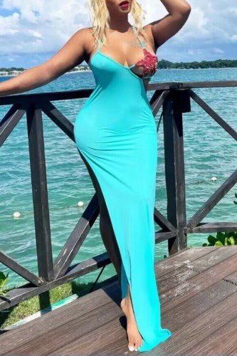 Cyan Sexy Solid Patchwork Backless Spaghetti Strap Long Dress Dresses