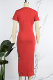 Red Casual Solid Patchwork Slit Hot Drill O Neck Short Sleeve Dress