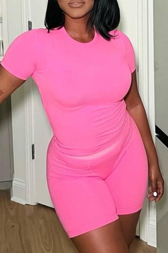 Rose Red Casual Sportswear Daily Solid Basic O Neck Short Sleeve Two Pieces