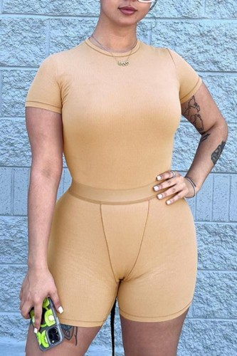 Khaki Casual Sportswear Daily Solid Basic O Neck Short Sleeve Two Pieces