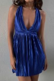 Blue Sexy Casual Solid Backless Halter Pleated Dresses