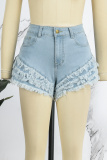 Baby Blue Casual Solid Patchwork High Waist Skinny Denim Shorts