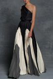 Black Gray Fashion Print Patchwork One Shoulder Cake Skirt Dresses