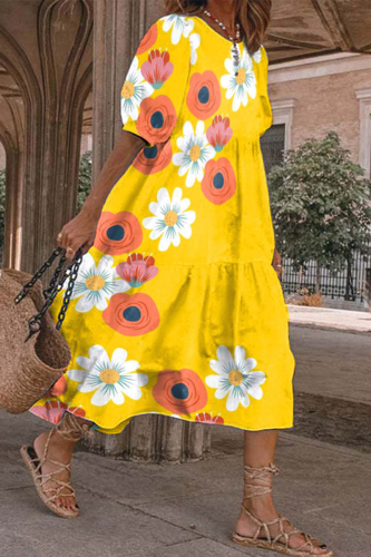 Yellow Casual Print Patchwork O Neck Cake Skirt Dresses