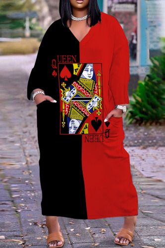 Black Red Casual Print Basic V Neck Long Sleeve Dresses
