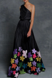 Black Gray Fashion Print Patchwork One Shoulder Cake Skirt Dresses
