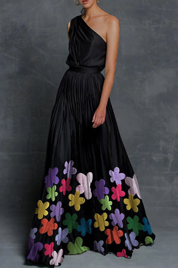 Black Fashion Print Patchwork One Shoulder Cake Skirt Dresses