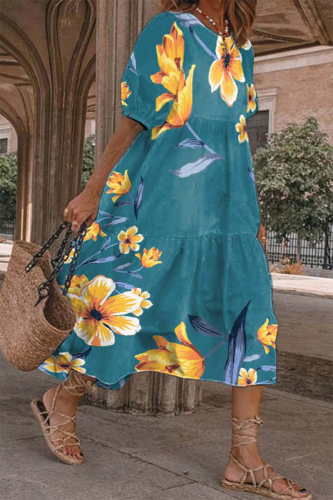 Green Casual Print Patchwork O Neck Cake Skirt Dresses