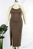 Coffee Sexy Solid Backless Slit Strap Design Spaghetti Strap One Step Skirt Plus Size Dresses