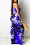 Blue Fashion Sexy Print Tie-dye O Neck Sleeveless Dress