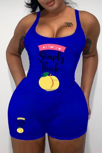 Blue Casual Print Basic U Neck Skinny Romper