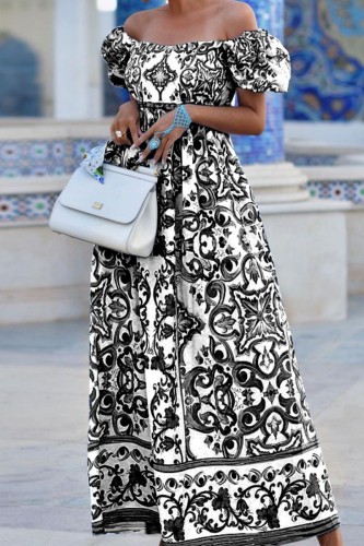 Black Casual Print Patchwork Backless Off the Shoulder Long Dress Dresses