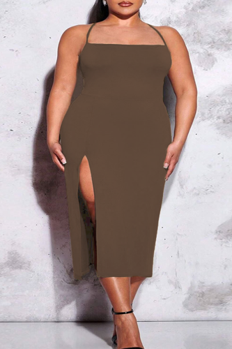 Coffee Sexy Solid Backless Slit Strap Design Spaghetti Strap One Step Skirt Plus Size Dresses