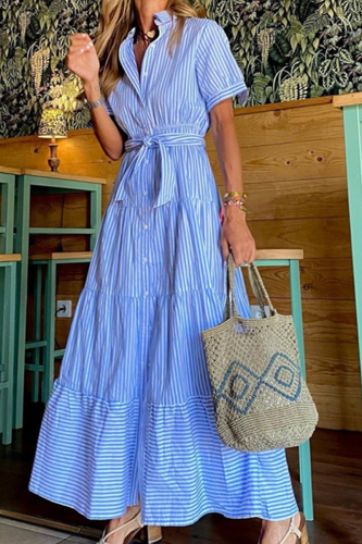 Blue Casual Striped Patchwork Turndown Collar Cake Skirt Dresses