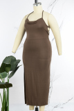 Coffee Sexy Solid Backless Slit Strap Design Spaghetti Strap One Step Skirt Plus Size Dresses