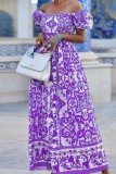 Purple Casual Print Patchwork Backless Off the Shoulder Long Dress Dresses