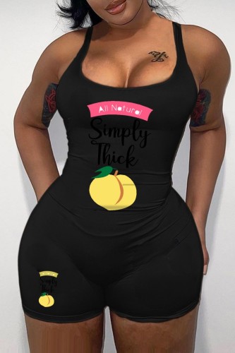 Black Casual Print Basic U Neck Skinny Romper