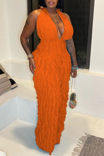 Orange Red Deep V Neck Sleeveless Backless Halter Slim Fit Daily Vacation Ruffled Wide Leg Jumpsuit