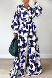 Deep Blue Casual Floral Patchwork Turndown Collar Long Sleeve Two Pieces