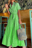 Green Casual Striped Patchwork Turndown Collar Cake Skirt Dresses