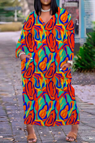 Tangerine Red Casual Print Basic V Neck Long Sleeve Dresses