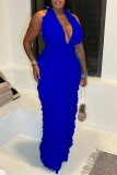 Blue Deep V Neck Sleeveless Backless Halter Slim Fit Daily Vacation Ruffled Wide Leg Jumpsuit