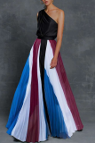 Colorful Blue Fashion Print Patchwork One Shoulder Cake Skirt Dresses