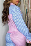 White Blue Fashion Casual Striped Print Patchwork Turndown Collar Long Sleeve Two Pieces