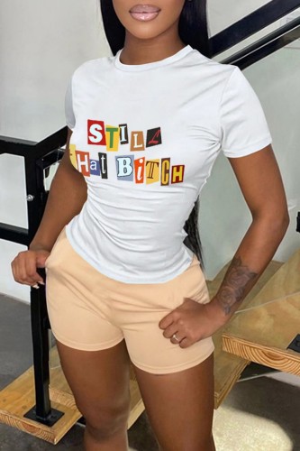 Khaki Casual Print Basic O Neck Short Sleeve Two Pieces