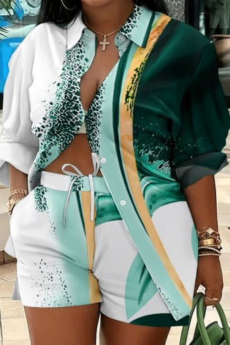 Ink Green Casual Print Patchwork Turndown Collar Long Sleeve Two Pieces