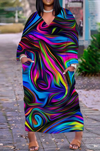 Purplish Blue Casual Print Basic V Neck Long Sleeve Dresses