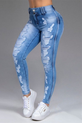 Blue Casual Solid Ripped Mid Waist Skinny Denim