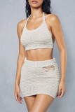 Cream White Sexy Casual Solid Backless O Neck Sleeveless Two Pieces