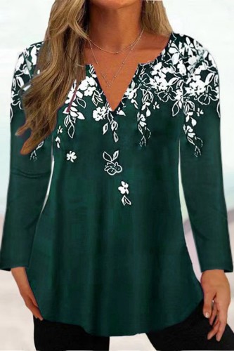 Peacock Blue Casual Print Basic V Neck Tops