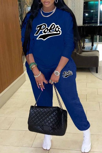 Blue Casual Print Letter O Neck Long Sleeve Two Pieces