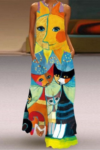 Multicolor Casual Print Basic V Neck Long Dress Dresses