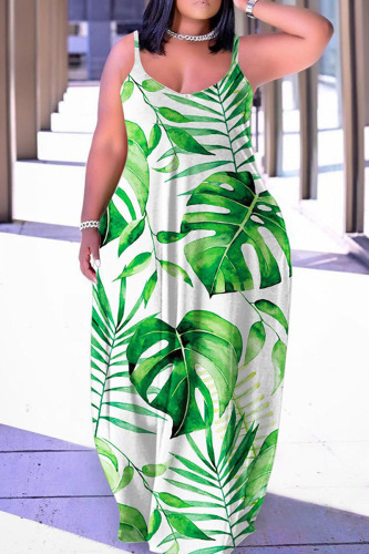 Cyan Green Sexy Casual Print Backless Spaghetti Strap Long Dress Dresses