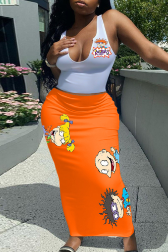 Tangerine Red Street Cartoon Print Patchwork U Neck Sleeveless Two Pieces