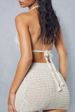 Cream White Sexy Casual Solid Backless O Neck Sleeveless Two Pieces