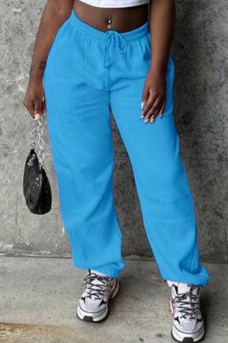 Blue Casual Solid Basic Regular High Waist Conventional Solid Color Trousers