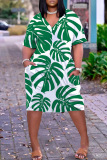 Cyan Green Casual Print Basic V Neck Short Sleeve Dress