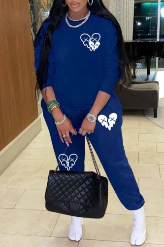 Blue Casual Print Patchwork O Neck Long Sleeve Two Pieces