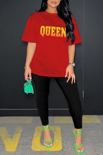 Red Casual Letter Print Basic O Neck Short Sleeve Two Pieces