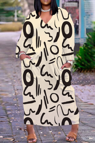 Apricot Casual Print Basic V Neck Long Sleeve Dresses