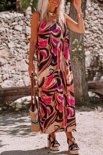 Red Casual Print Basic V Neck Long Dress Dresses