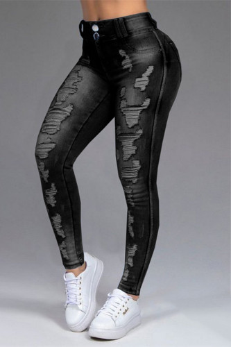 Black Casual Solid Ripped Mid Waist Skinny Denim