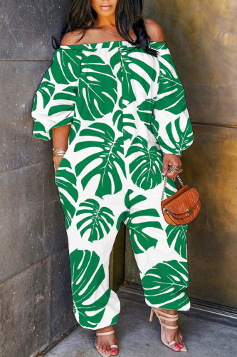 White Green Casual Print Patchwork Off the Shoulder Regular Jumpsuits