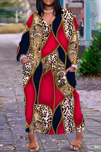 Red Casual Print Basic V Neck Long Sleeve Dresses