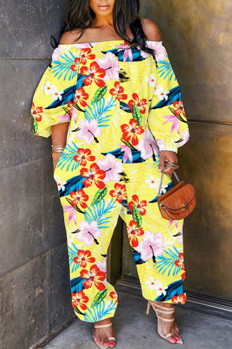 Yellow Casual Print Patchwork Off the Shoulder Regular Jumpsuits